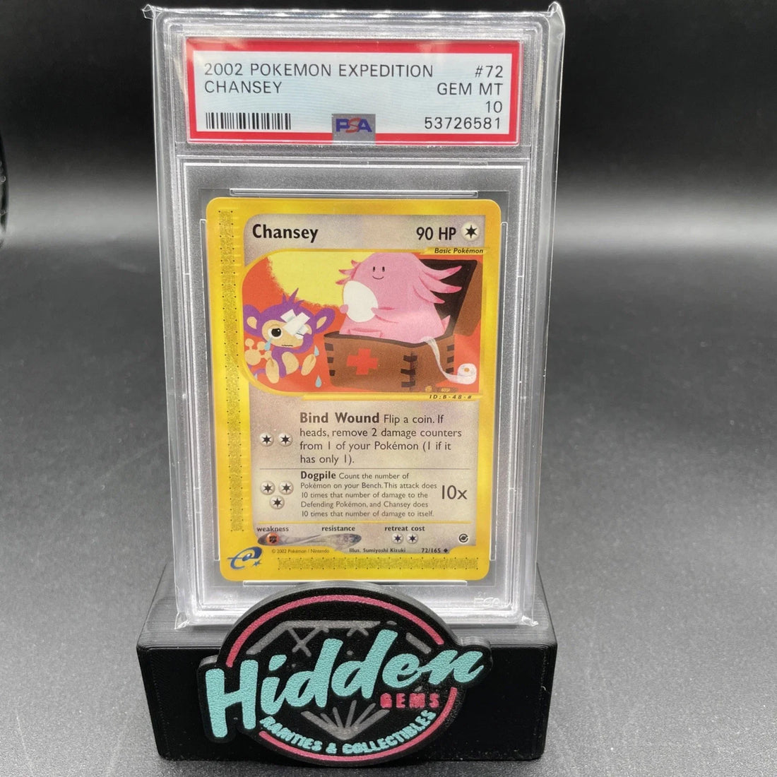 A 2002 Pokemon Expedition Chansey card graded PSA 10 in a sealed grading slab