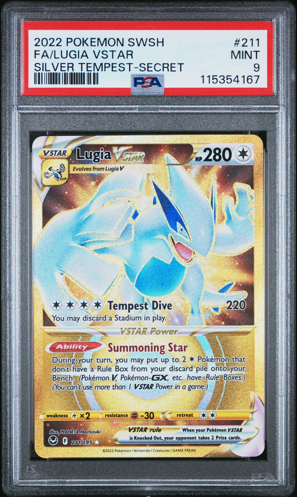 2022 POKEMON SWORD & SHIELD SILVER TEMPEST 211 FULL ART/LUGIA VSTAR SECRET PSA 9