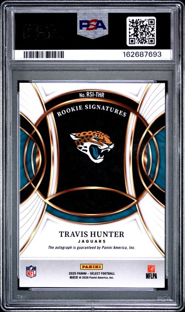 2025 PANINI SELECT ROOKIE SIGNATURES #RSI-THR TRAVIS HUNTER PSA 8