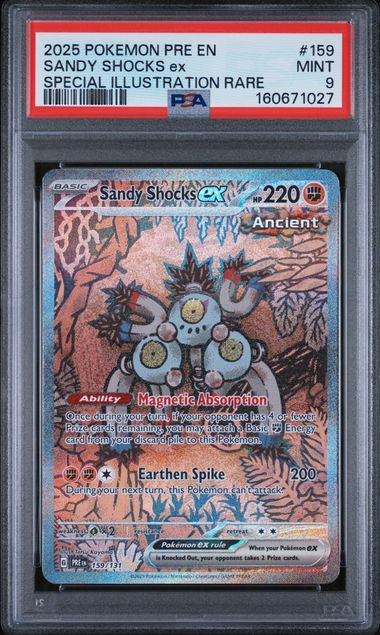 2025 Pokemon Prismatic Evolutions Sandy Shocks ex 159 Special Illustration Rare PSA 9 front, cert 160671027
