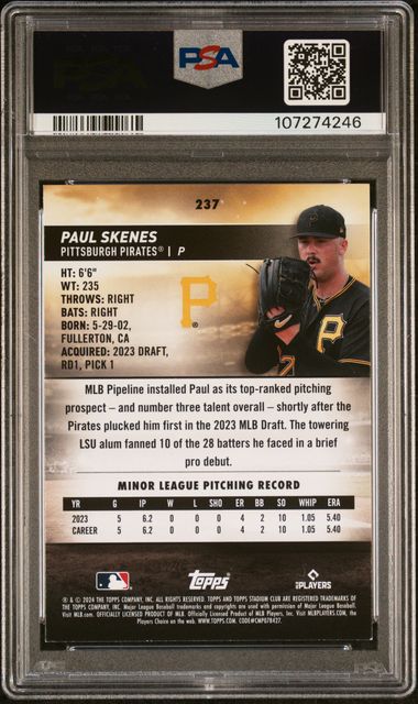 2024 Topps Stadium Club Paul Skenes Black & White Rookie SSP  #237 PSA 8