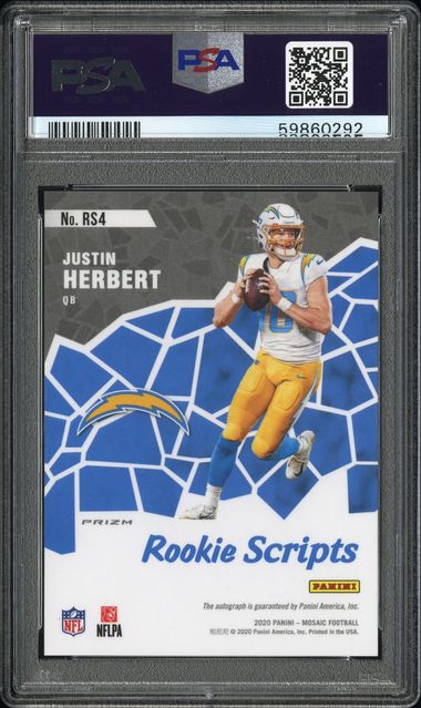 2020 Mosaic Justin Herbert Rookie Scripts RC Auto #RS4 Chargers PSA 10