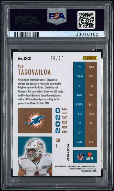 2020 Panini Chronicles - Dynagon Tua Tagovailoa #D-2 Orange Prizm /75 RC PSA 10