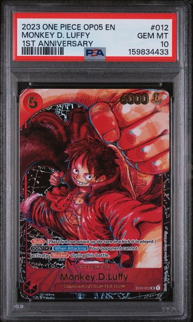2023 ONE PIECE OP05-AWAKENING OF THE NEW ERA #012 MONKEY D. LUFFY 1ST ANNIVERSARY PSA 10