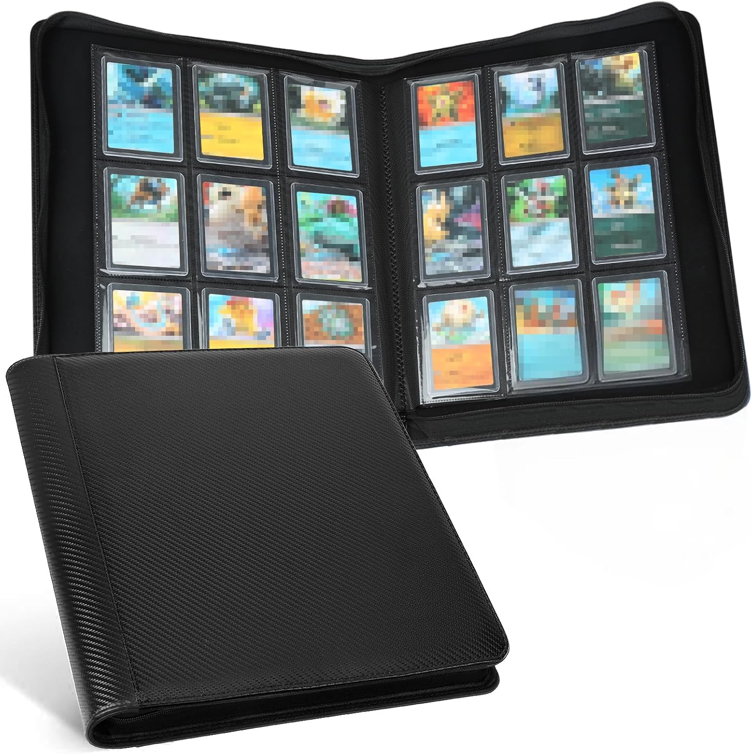 Toploader Storage Binder 9 Pocket Ringless Side Loading, Fits 288 Standard 3"×4" Hard Top Loaders, PU Fixed Page Zipper Card 