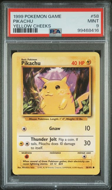 1999 Pokemon Game Yellow Cheeks #58 Pikachu PSA 9