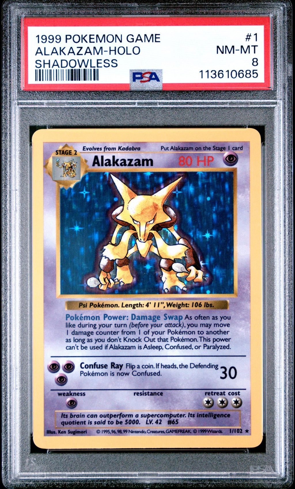 1999 POKEMON GAME 1 ALAKAZAM-HOLO SHADOWLESS - PSA 8