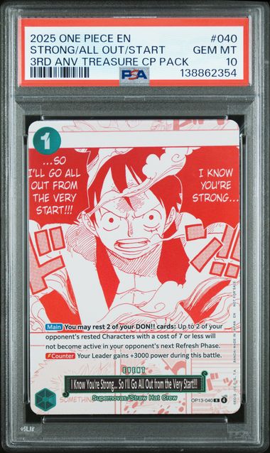 2025 ONE PIECE 3RD ANNIVERSARY! ONE PIECE CARD TREASURE CAMPAIGN PACK #040 STRONG/ALL OUT/START PSA 10