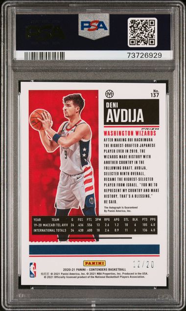 2020-21 Panini Contenders Deni Avdija /20 RC Auto Blue Shimmer PSA 9 Auto 10