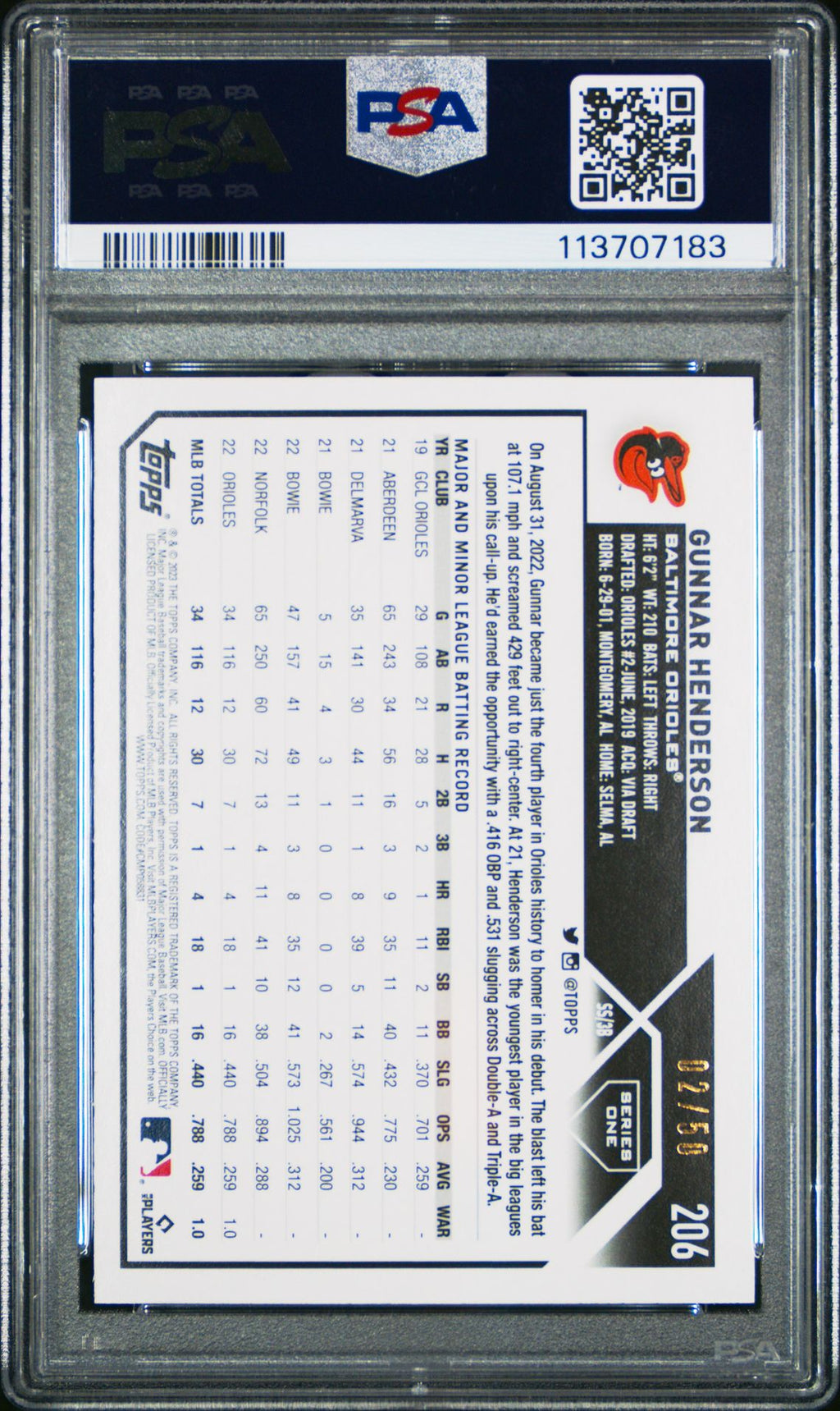 2023 TOPPS 1ST EDITION 206 GUNNAR HENDERSON RED FOIL /50 - PSA 10