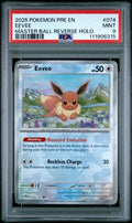 2025 POKEMON PRE EN-PRISMATIC EVOLUTIONS #074 EEVEE MASTER BALL REVERSE HOLO PSA 9