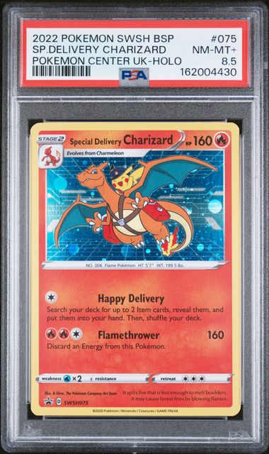 2022 POKEMON SWSH BLACK STAR PROMO #075 SP.DELIVERY CHARIZARD POKEMON CENTER UK-HOLO PSA 8.5