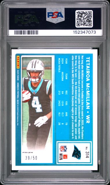 2025 Panini Donruss #314 Tetairoa Mcmillan Optic Preview-Purple /50 PSA 10