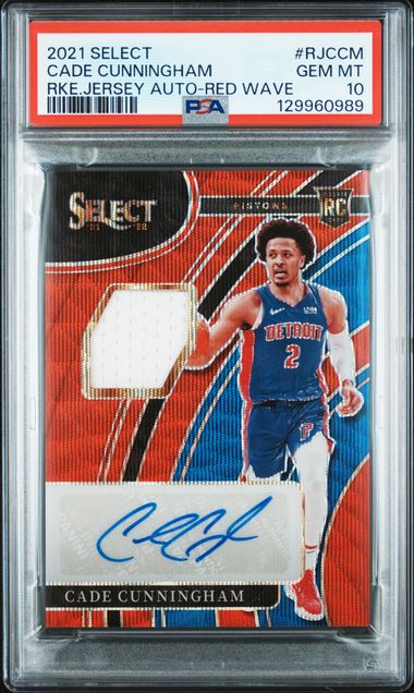 2021 PANINI SELECT ROOKIE JERSEY AUTOGRAPHS #RJCCM CADE CUNNINGHAM RKE.JERSEY AUTO-RED WAVE PSA 10 — Sports Trading Cards