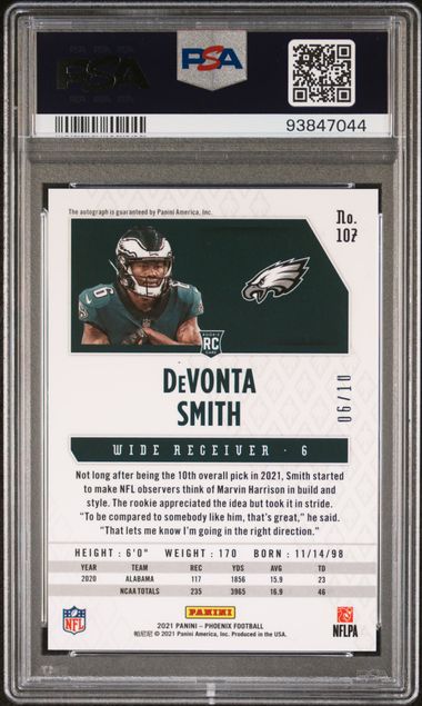 2021 Panini Phoenix - Rookie #107 Auto Green Devonta Smith (RC) PSA 10