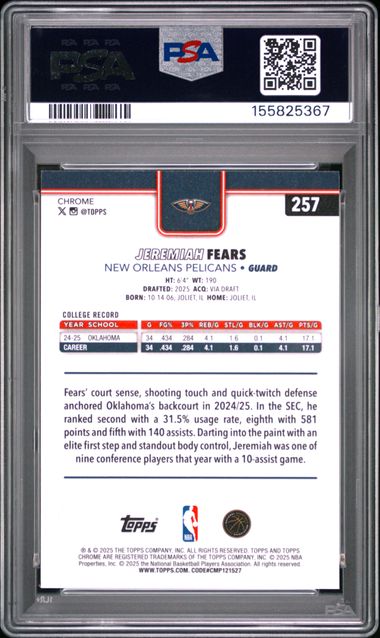 2025 Topps Chrome Jeremiah Fears Red White And Blue Refractor #257 PSA 10