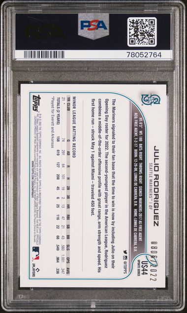 Topps 2022 Update Julio Rodriguez RC Gold /2022 #US44 Mariners PSA 8