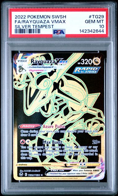 2022 POKEMON SWORD & SHIELD SILVER TEMPEST #TG29 FA/RAYQUAZA VMAX SILVER TEMPEST PSA 10