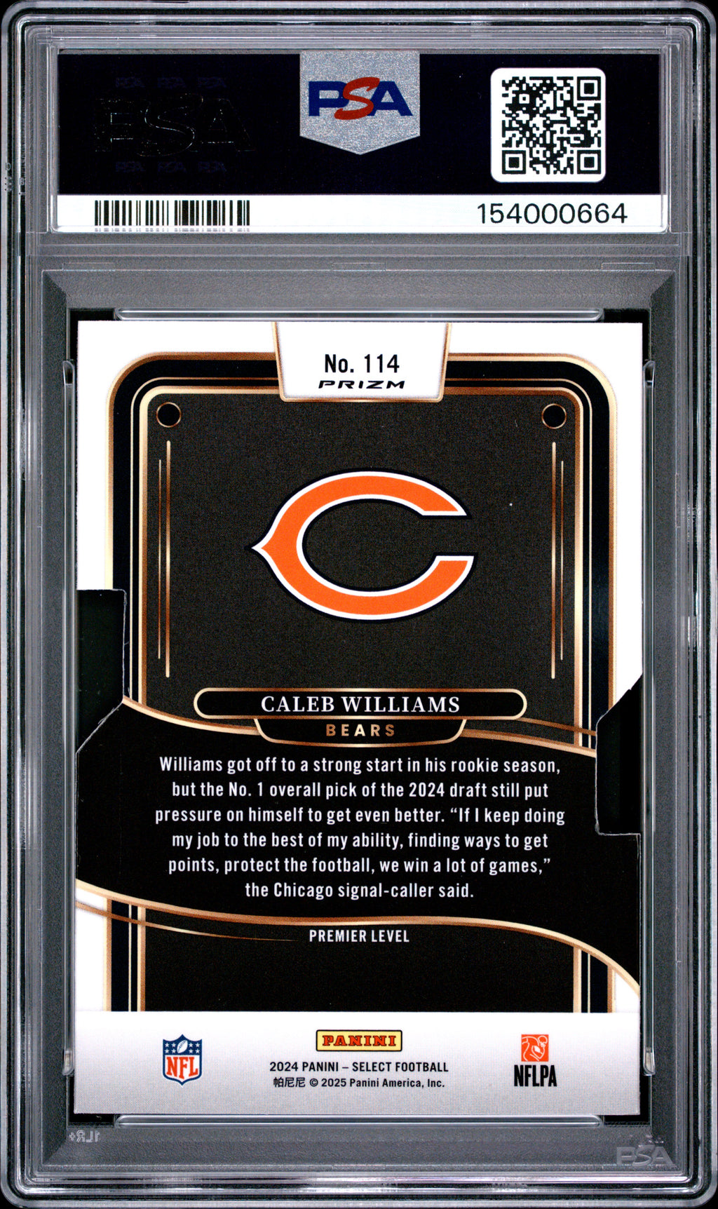 2024 PANINI SELECT #114 CALEB WILLIAMS DIE-CUT SILVER PRIZM PSA 10