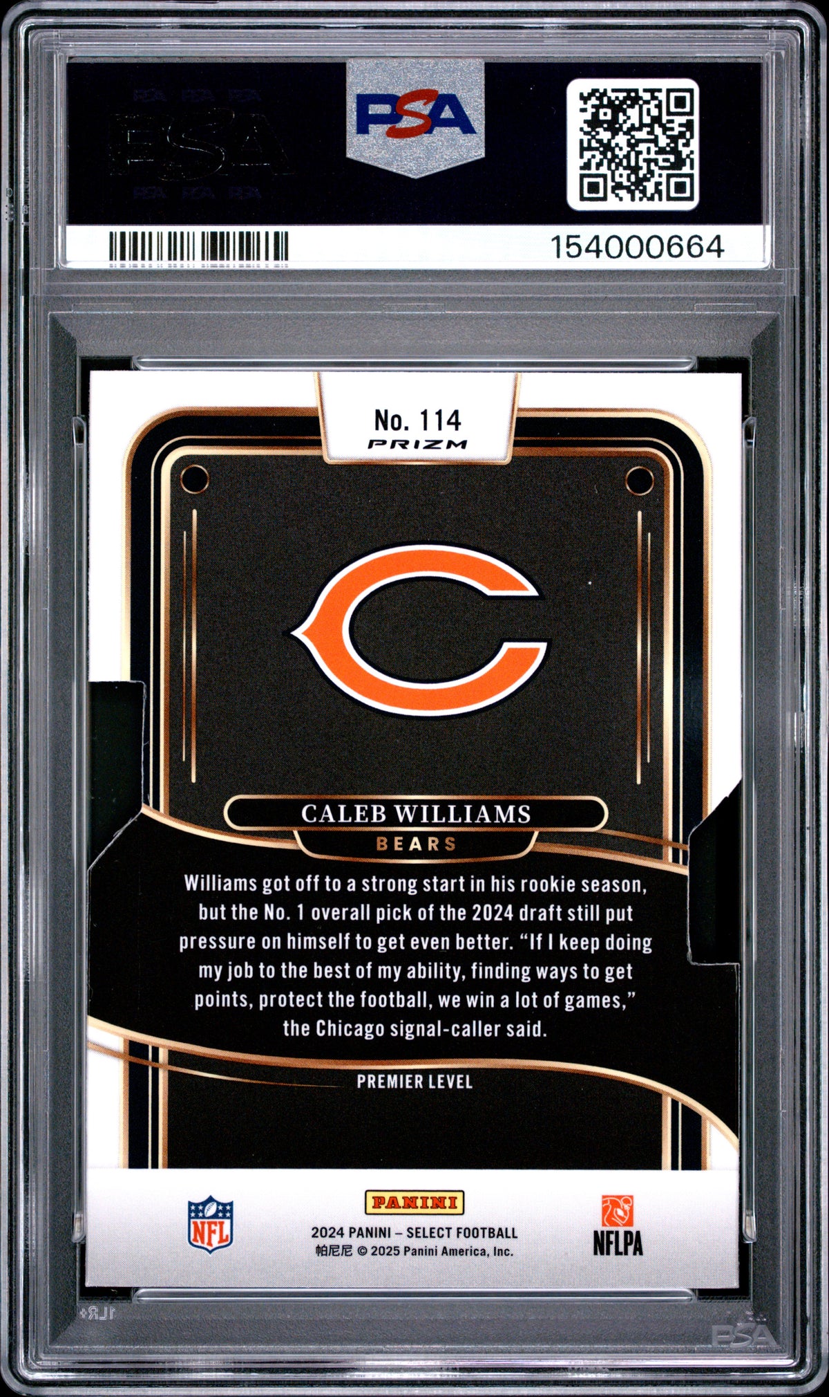 2024 PANINI SELECT #114 CALEB WILLIAMS DIE-CUT SILVER PRIZM PSA 10