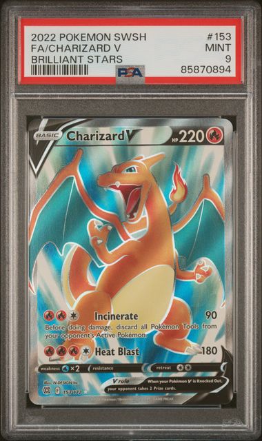 2022 POKEMON SWORD & SHIELD BRILLIANT STARS #153 FA/CHARIZARD V BRILLIANT STARS PSA 9