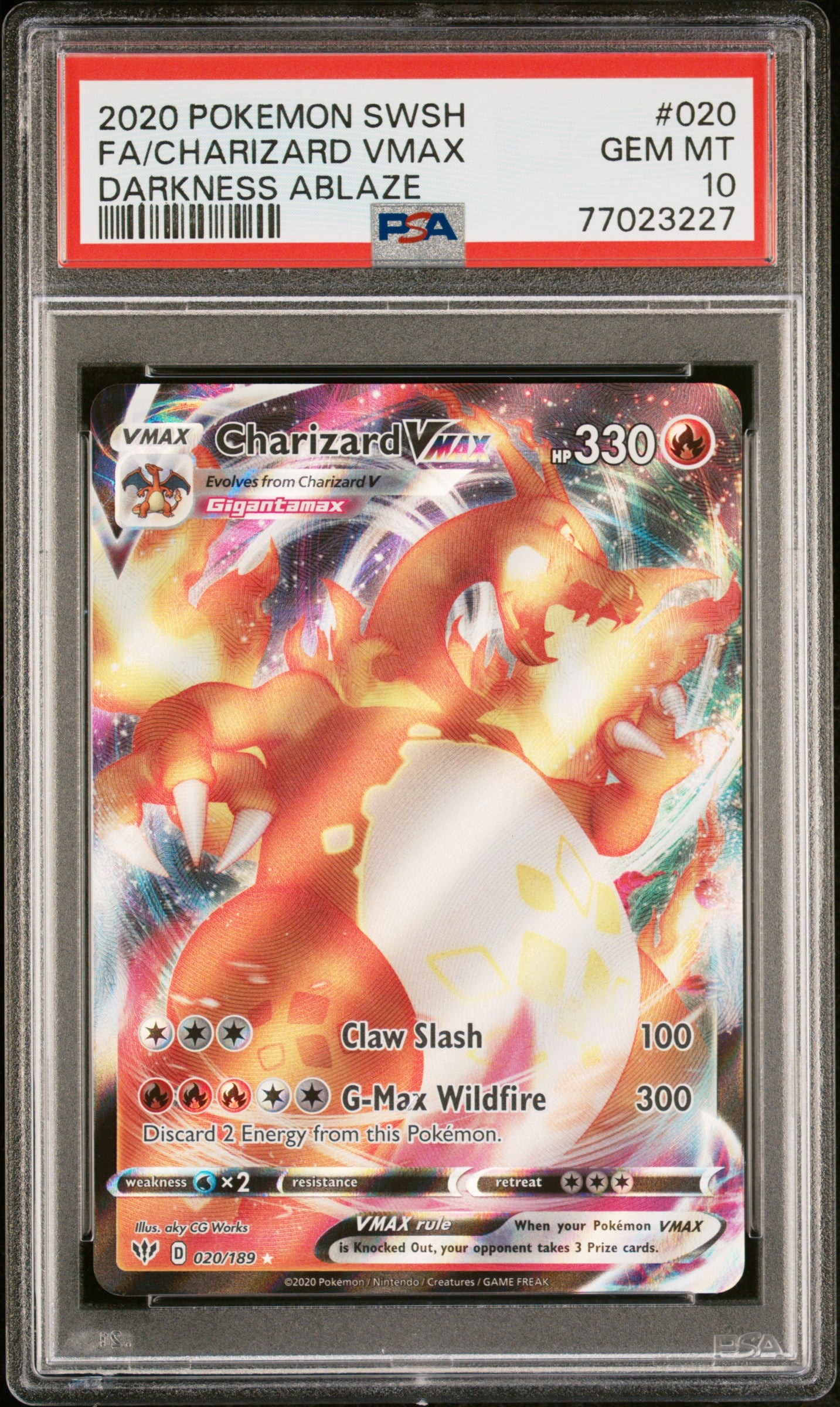 2020 POKEMON SWORD & SHIELD DARKNESS ABLAZE #020 FA/CHARIZARD VMAX DARKNESS ABLAZE PSA 10