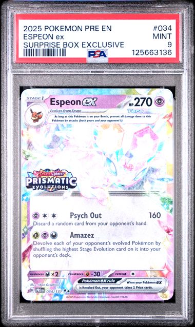 2025 Prismatic Evolutions Espeon ex #034/131 Surprise Box Stamped PSA 9