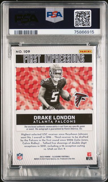 2022 PANINI ILLUSIONS #109 DRAKE LONDON AUTOGRAPH MEM-BLACK /50 PSA 8