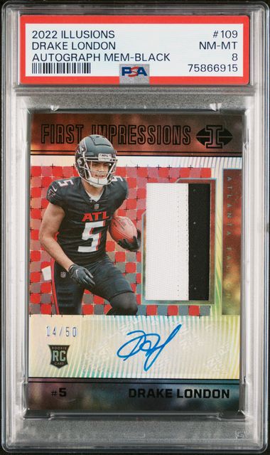 2022 PANINI ILLUSIONS #109 DRAKE LONDON AUTOGRAPH MEM-BLACK /50 PSA 8