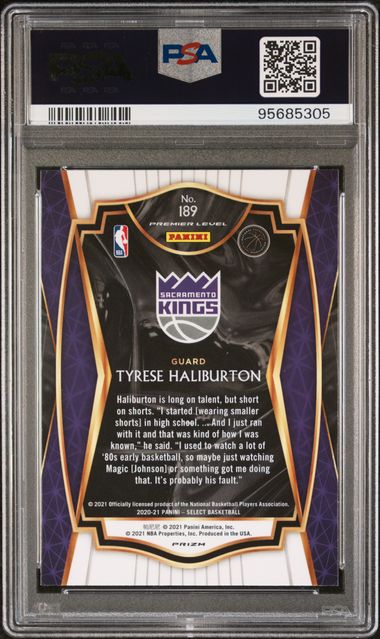2020 PANINI SELECT #189 TYRESE HALIBURTON RED/WHITE/GREEN CRKD.ICE PSA 10