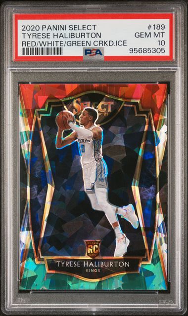 2020 PANINI SELECT #189 TYRESE HALIBURTON RED/WHITE/GREEN CRKD.ICE PSA 10 — Sports Trading Cards