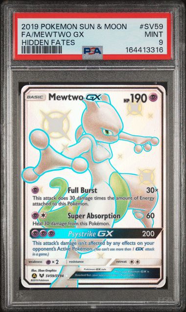 2019 Pokémon TCG Hidden Fates Mewtwo GX SV59 Full Art Holo PSA 9