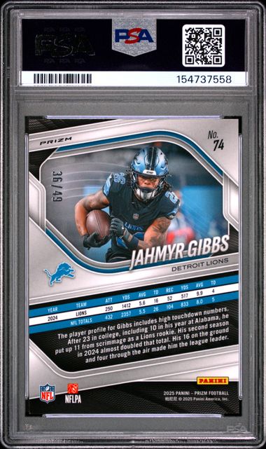 2025 PANINI PRIZM #74 JAHMYR GIBBS RED SHIMMER /49 PSA 9