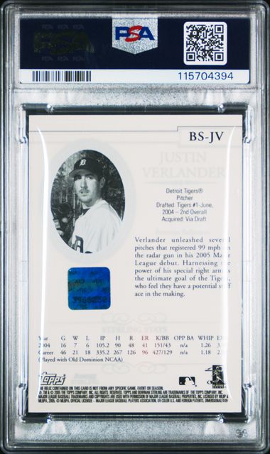 2005 BOWMAN STERLING #BS-JV JUSTIN VERLANDER AUTOGRAPH RELIC PSA 9