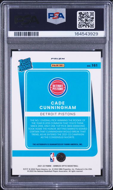 2021 PANINI DONRUSS OPTIC #161 CADE CUNNINGHAM AUTOGRAPH-PURPLE PSA 8