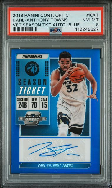 2018 PANINI CONTENDERS OPTIC VETERAN SEASON TICKET AUTOGRAPHS #KAT KARL-ANTHONY TOWNS VET.SEASON TKT.AUTO.-BLUE PSA 8 — Sport
