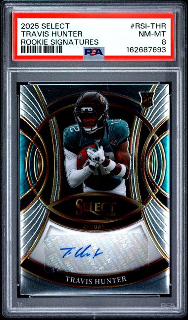 2025 PANINI SELECT ROOKIE SIGNATURES #RSI-THR TRAVIS HUNTER PSA 8