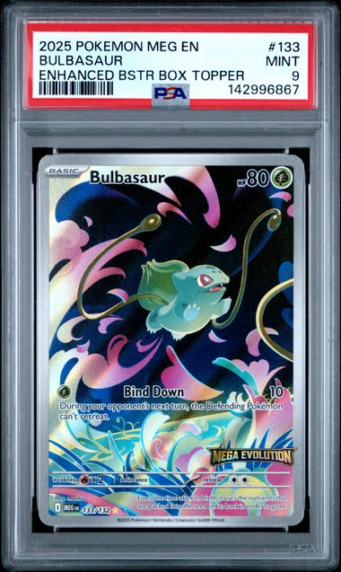 2025 Pokémon Meg En-Mega Evolution Enhanced Box Topper Bulbasaur #133 PSA 9