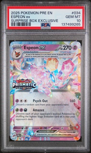 2025 POKEMON PRE EN-PRISMATIC EVOLUTIONS #034 ESPEON ex SURPRISE BOX EXCLUSIVE PSA 10