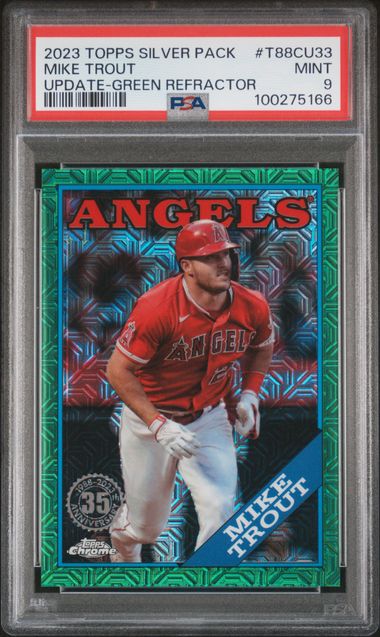 2023 TOPPS SILVER PACK 1988 CHROME PROMO #T88CU33 MIKE TROUT UPDATE-GREEN REFRACTOR PSA 9 — Sports Trading Cards