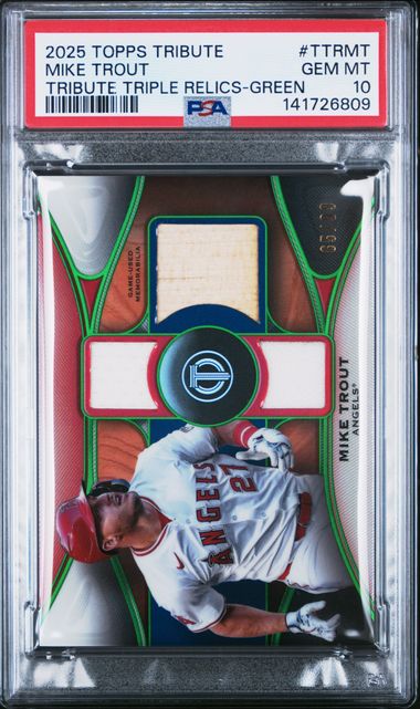 2025 Topps Tribute Tribute Triple Relics #TTRMT Mike Trout Tribute Triple Relics-Green PSA 10