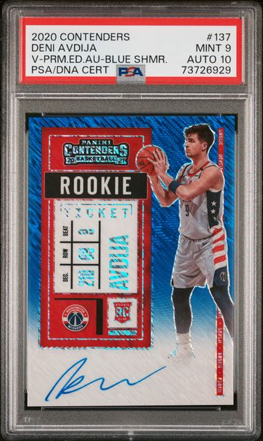 2020-21 Panini Contenders Deni Avdija /20 RC Auto Blue Shimmer PSA 9 Auto 10