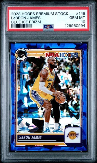 2023 PANINI HOOPS PREMIUM STOCK #149 LeBRON JAMES BLUE ICE PRIZM PSA 10 — Sports Trading Cards