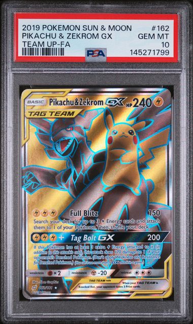 2019 POKEMON SUN & MOON TEAM UP #162 PIKACHU & ZEKROM GX TEAM UP-FA PSA 10
