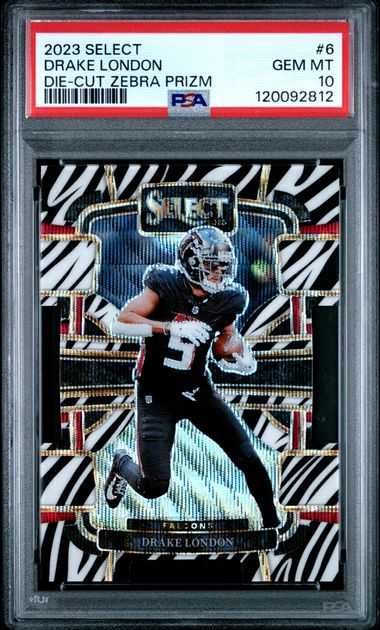 2023 PANINI SELECT #6 DRAKE LONDON DIE-CUT ZEBRA PRIZM - PSA 10 — Sports Trading Cards